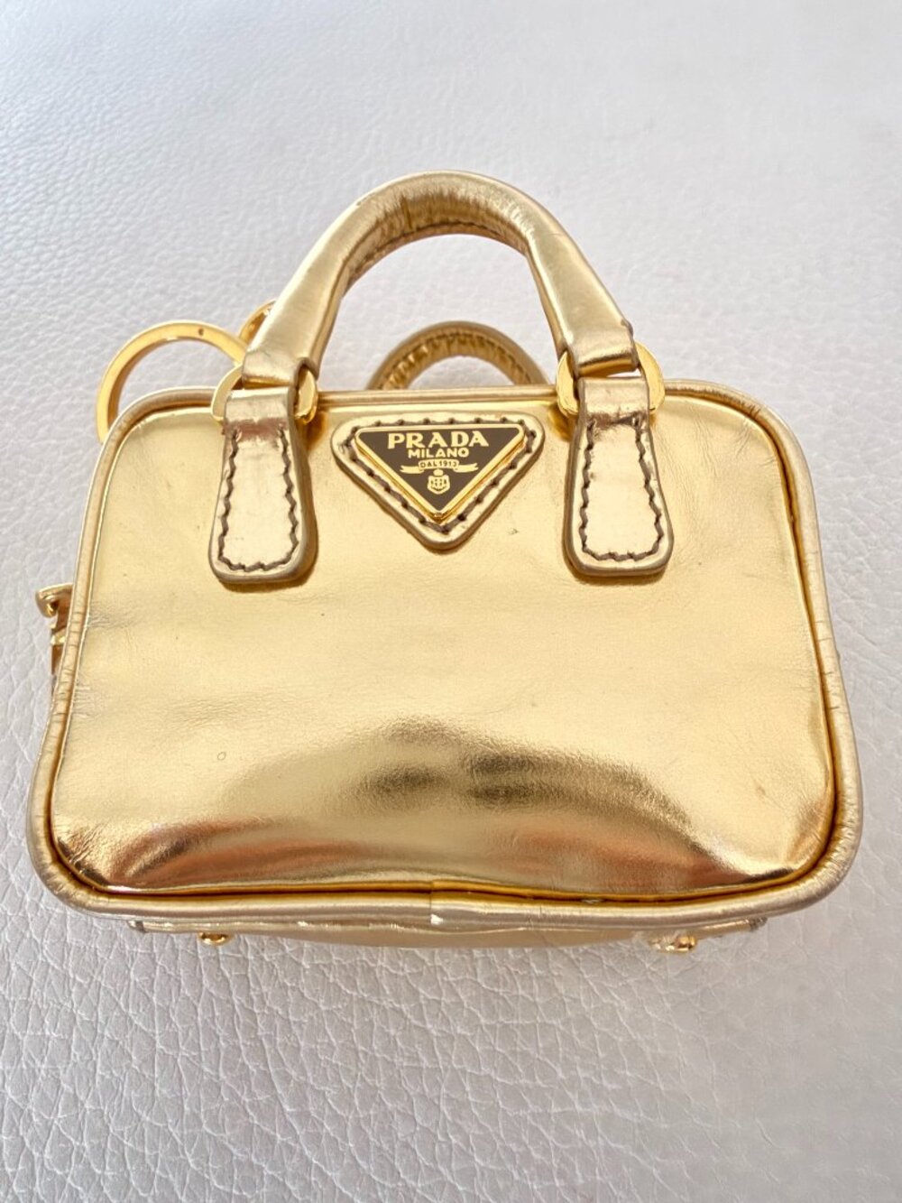 PRADA METALLIC GOLD LEATHER MICRO PROMENADE BAG CHARM KEYRING COIN PURSE 158